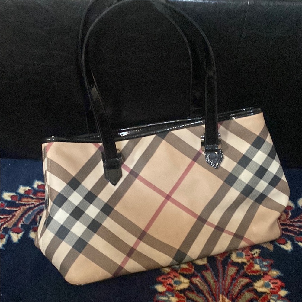 Burberry Cream and Black Tote Bag with Iconic Design